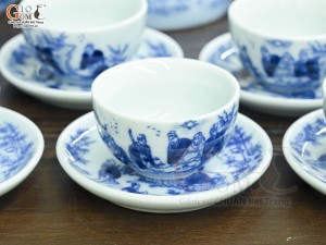 Bộ ấm chén dáng thấp men lam cổ cảnh Trúc Lâm Thất Hiền đầy đủ phụ kiện, 300ml