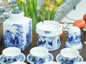 Bộ ấm chén dáng thấp men lam cổ cảnh Trúc Lâm Thất Hiền đầy đủ phụ kiện, 300ml