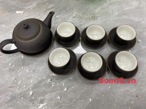 Bộ ấm chén dáng tống đen chỉ bạc khắc Phúc Lộc Thọ, 350ml