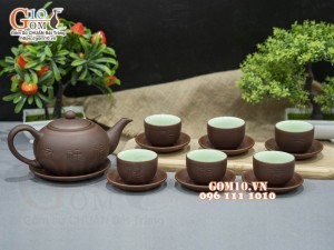 Bộ ấm chén dáng tống nâu khắc Phúc Lộc Thọ kẻ chỉ đỏ, 350ml