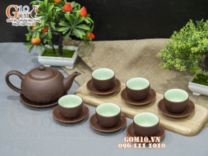 Bộ ấm chén dáng tống nâu khắc Phúc Lộc Thọ kẻ chỉ đỏ, 350ml