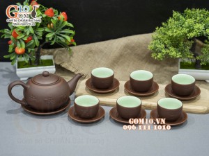 Bộ ấm chén dáng tống nâu khắc Phúc Lộc Thọ kẻ chỉ đỏ, 350ml