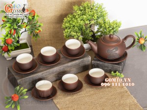 Bộ ấm chén dáng tống nâu khắc Tâm, 350ml