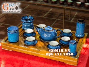 Bộ ấm chén dáng tống hỏa biến thiên thanh CỐT GỐM, đầy đủ phụ kiện