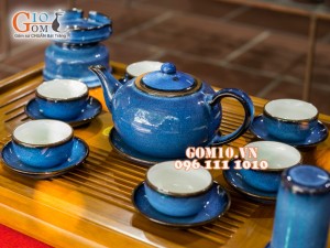 Bộ ấm chén dáng tống hỏa biến thiên thanh CỐT GỐM, đầy đủ phụ kiện