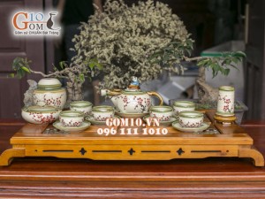 Bộ ấm chén dáng trâu men vuốt, vẽ hoa đào, đầy đủ phụ kiện 350ml