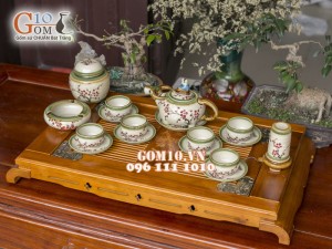 Bộ ấm chén dáng trâu men vuốt, vẽ hoa đào, đầy đủ phụ kiện 350ml