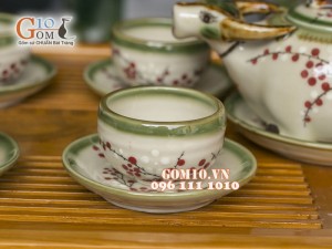 Bộ ấm chén dáng trâu men vuốt, vẽ hoa đào, đầy đủ phụ kiện 350ml