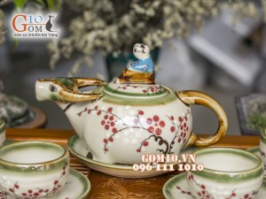 Bộ ấm chén dáng trâu men vuốt, vẽ hoa đào, đầy đủ phụ kiện 350ml