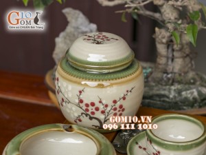Bộ ấm chén dáng trâu men vuốt, vẽ hoa đào, đầy đủ phụ kiện 350ml