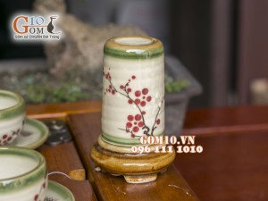 Bộ ấm chén dáng trâu men vuốt, vẽ hoa đào, đầy đủ phụ kiện 350ml