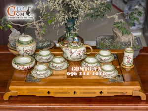 Bộ ấm chén dáng trâu men vuốt, vẽ hoa đào, đầy đủ phụ kiện 350ml