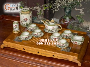 Bộ ấm chén dáng trâu men vuốt, vẽ sen, đầy đủ phụ kiện 500ml