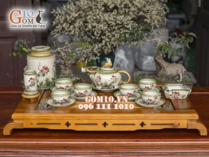 Bộ ấm chén dáng trâu men vuốt, vẽ sen, đầy đủ phụ kiện 500ml