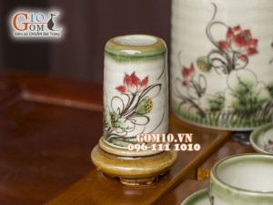 Bộ ấm chén dáng trâu men vuốt, vẽ sen, đầy đủ phụ kiện 500ml