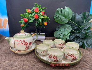 Bộ ấm chén dáng tròn men vuốt vẽ hoa đào khay tròn, 300ml