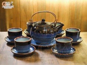 Bộ ấm chén dáng tròn quai đồng men hỏa biến xanh đá, 350ml