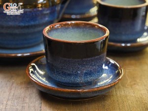 Bộ ấm chén dáng tròn quai đồng men hỏa biến xanh đá, 350ml