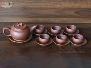 Bộ ấm chén dáng trống đai nâu chỉ đỏ,350ml