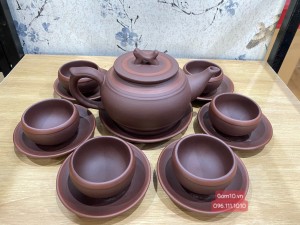Bộ ấm chén dáng trống đai nâu chỉ đỏ,350ml