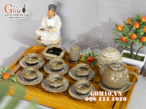 Bộ ấm chén dáng trống men hỏa biến gấm vàng đầy đủ phụ kiện, dung tích 350ml