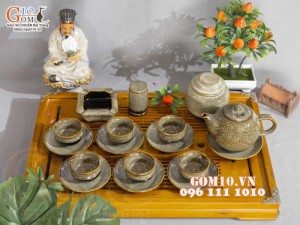 Bộ ấm chén dáng trống men hỏa biến gấm vàng đầy đủ phụ kiện, dung tích 350ml