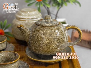 Bộ ấm chén dáng trống men hỏa biến gấm vàng đầy đủ phụ kiện, dung tích 350ml