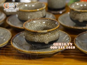 Bộ ấm chén dáng trống men hỏa biến gấm vàng đầy đủ phụ kiện, dung tích 350ml