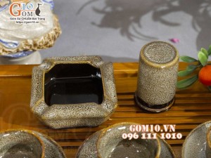 Bộ ấm chén dáng trống men hỏa biến gấm vàng đầy đủ phụ kiện, dung tích 350ml