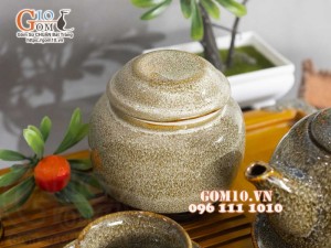 Bộ ấm chén dáng trống men hỏa biến gấm vàng đầy đủ phụ kiện, dung tích 350ml