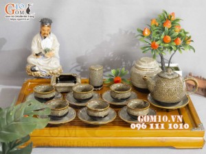 Bộ ấm chén dáng trống men hỏa biến gấm vàng đầy đủ phụ kiện, dung tích 350ml