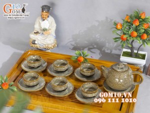 Bộ ấm chén dáng trống men hỏa biến gấm vàng, dung tích 350ml