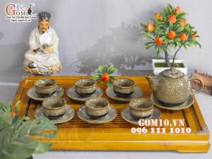 Bộ ấm chén dáng trống men hỏa biến gấm vàng, dung tích 350ml