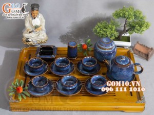 Bộ ấm chén dáng trống men hỏa biến xanh đá đầy đủ phụ kiện, dung tích 350ml