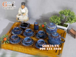 Bộ ấm chén dáng trống men hỏa biến xanh đá đầy đủ phụ kiện, dung tích 350ml