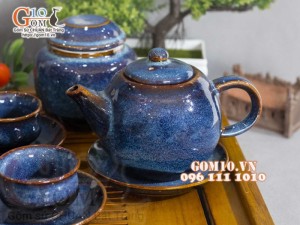 Bộ ấm chén dáng trống men hỏa biến xanh đá đầy đủ phụ kiện, dung tích 350ml