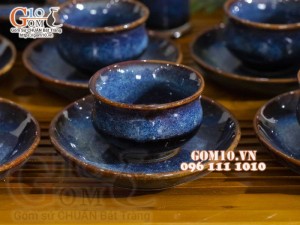 Bộ ấm chén dáng trống men hỏa biến xanh đá đầy đủ phụ kiện, dung tích 350ml