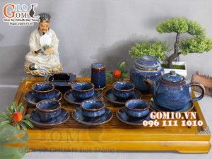 Bộ ấm chén dáng trống men hỏa biến xanh đá đầy đủ phụ kiện, dung tích 350ml