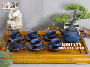 Bộ ấm chén dáng trống men hỏa biến xanh đá, dung tích 350ml