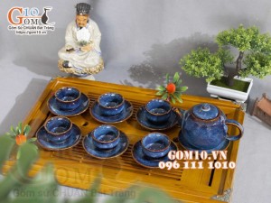 Bộ ấm chén dáng trống men hỏa biến xanh đá, dung tích 350ml