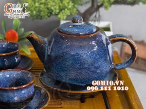 Bộ ấm chén dáng trống men hỏa biến xanh đá, dung tích 350ml