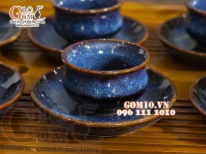 Bộ ấm chén dáng trống men hỏa biến xanh đá, dung tích 350ml