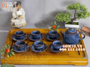 Bộ ấm chén dáng trống men hỏa biến xanh đá, dung tích 350ml