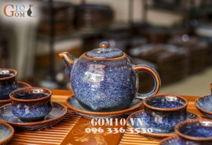 Bộ ấm chén dáng trống men xanh sóng biển