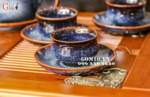 Bộ ấm chén dáng trống men xanh sóng biển