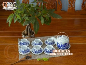 Bộ ấm chén dáng vại men lam cổ, vẽ trúc lâm thất hiền 600ml
