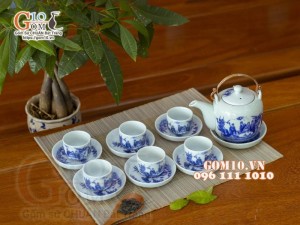 Bộ ấm chén dáng vại men lam cổ, vẽ trúc lâm thất hiền 600ml