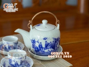 Bộ ấm chén dáng vại men lam cổ, vẽ trúc lâm thất hiền 600ml