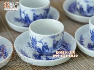 Bộ ấm chén dáng vại men lam cổ, vẽ trúc lâm thất hiền 600ml