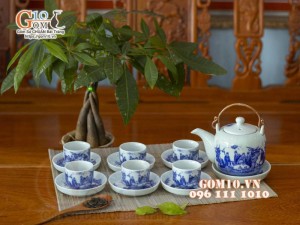 Bộ ấm chén dáng vại men lam cổ, vẽ trúc lâm thất hiền 450ml